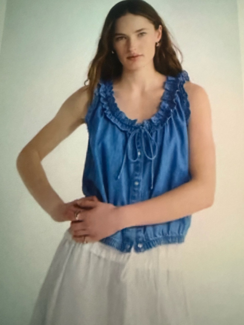 Sleeveless Ruffle-Trim Blue Button Front Top